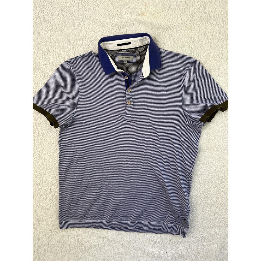 Ted Baker‎ London Polo Shirt Mens Size 3 Blue Striped Casual Short Sleeve